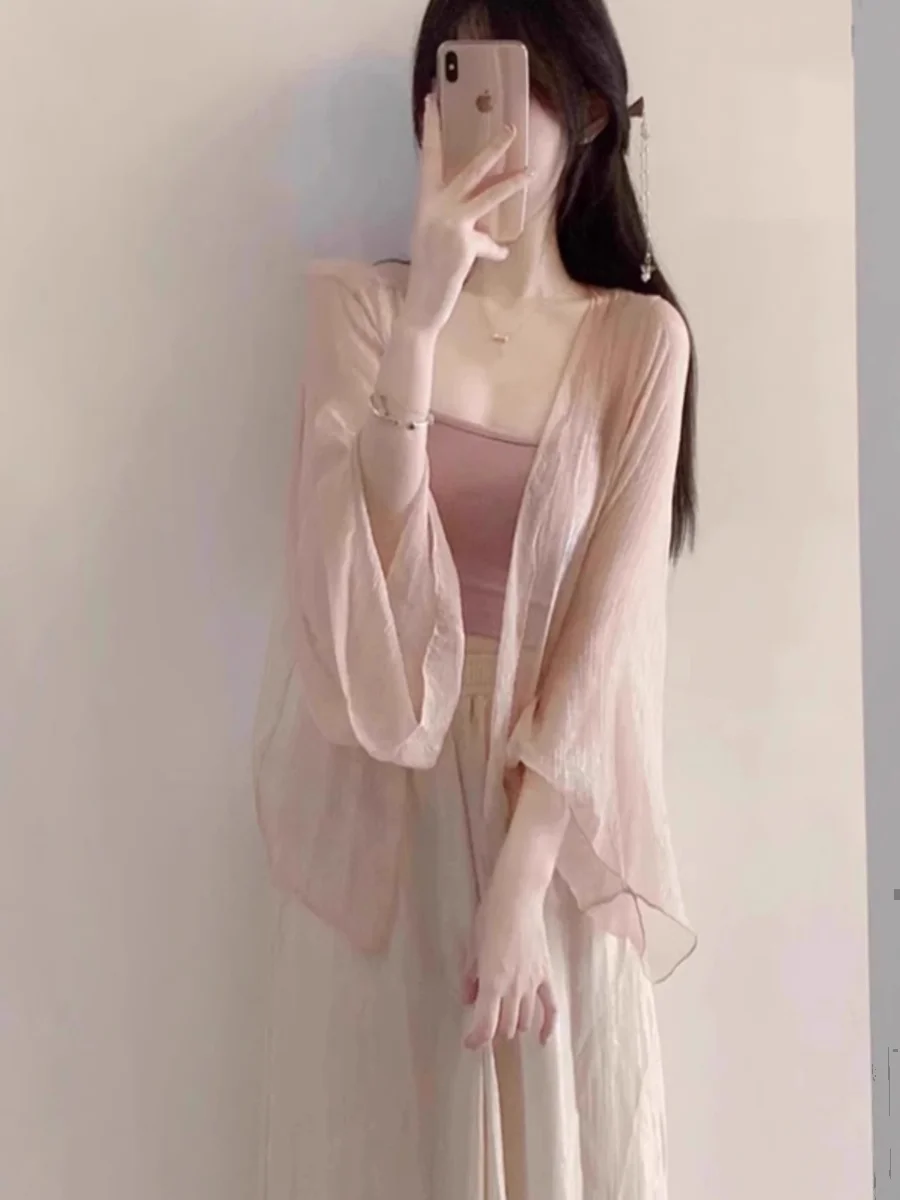Sun Protection Summer Lace Sleeve Open Cardigan Women's Thin Chiffon Blouse with Sling Skirt Outer Shawl Fairy Thin Film Cove...