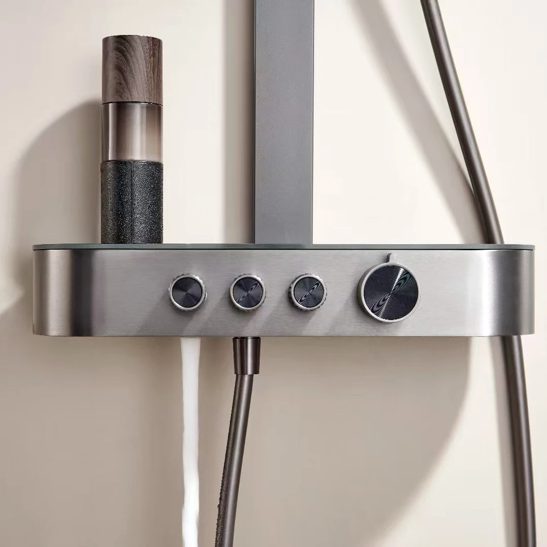 Set Pancuran Kamar Mandi Air Terjun Sistem Pancuran Kamar Mandi Panas Dingin Abu-abu Senducs 4 Fungsi Kepala Pancuran Curah Hujan Keran Kamar Mandi Kuningan