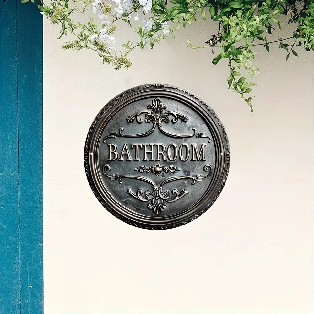 Vintage Style Bathroom Decorative Sign, 1 pc 2D Round Metal Plaque Classic Wall Hanging Design Multi-purpose Decoration for Door