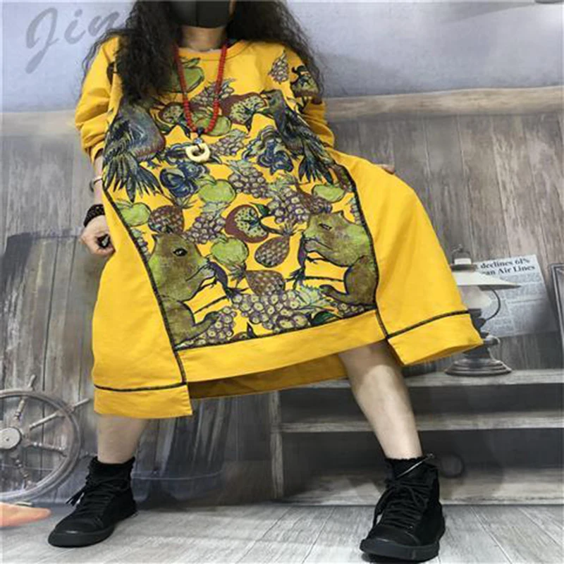 

2022 Spring Autumn New Arts Style Women Long Sleeve Loose O-neck Dresses 100% Cotton Vintage Print Long Dress Top quality C481