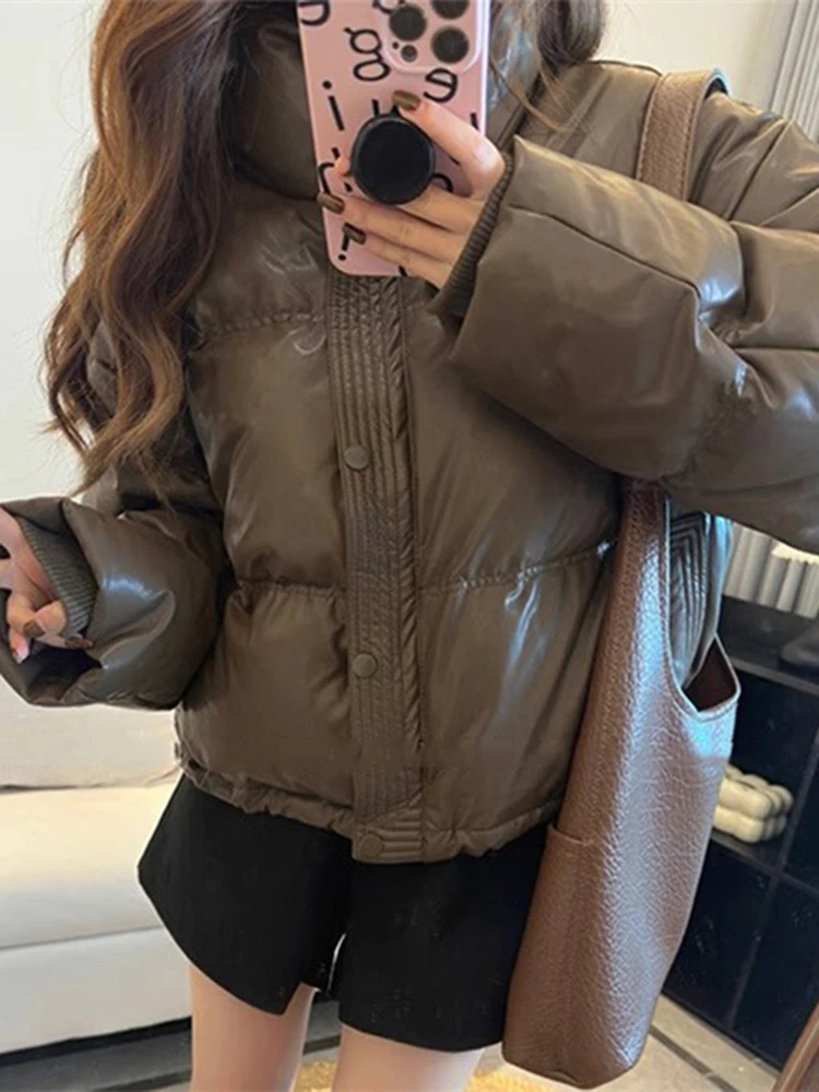 

Женская кожаная куртка-пуховик свободного кроя, однотонная, с эффектом высокой талии, в корейском стиле, для повседневной носки