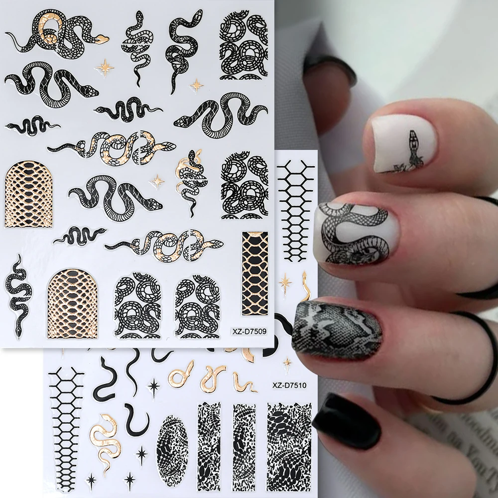 12Pcs 3D Bronzing Snake Sun Star Nail Stickers Gothic Snake Print Self-adhesive Nail Decals Punk Style Snakes Manicure Sliders &