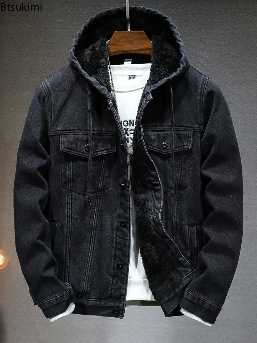 Thicker Winter Jackets Men's Warmer Hooded Denim Lambswool Hooded Padded Denim Jacket Imitation Lamb Wool Fleece Male Clothes
