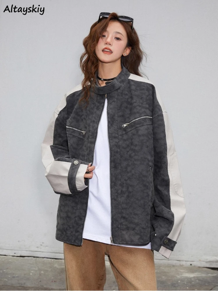 

PU Jackets Women Panelled Vintage Outwear Personality Moto Cool American Style Casual Streetwear Daily Chic Chaquetas Para Mujer