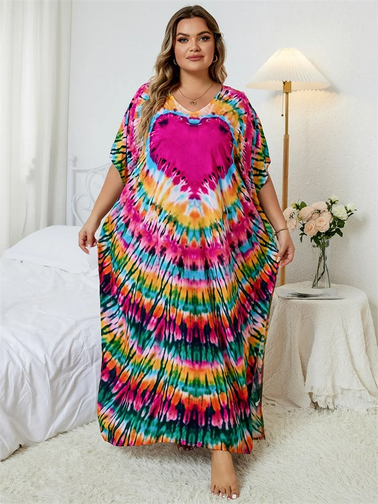 Plus Size 2023 New Summer Casual Print Batwing Sleeve Women Clothing Moroccan Kaftan Holiday Beachwear Swimsuit Cover-ups Q1450