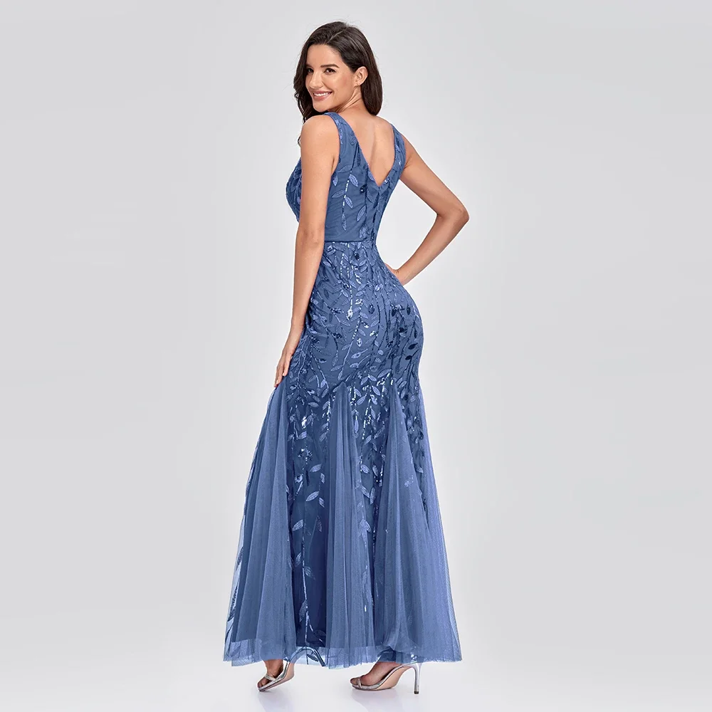 Tecido frisado bordado sem mangas Ballgown, Decote em v, Elegante vestido sereia, Vestido de festa formal, Abiti Da Sera Robe