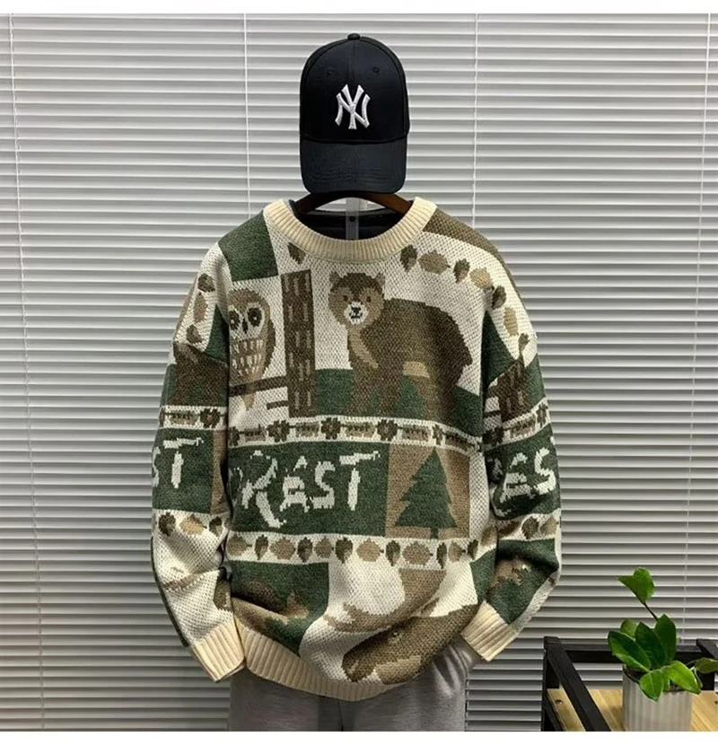 Cute Bear Men's Sweater Oversized Knitted Y2k Winter Sweater Hip Hop Clothes Autumn Winter Korean Fashion Pullovers Knitwear Top
