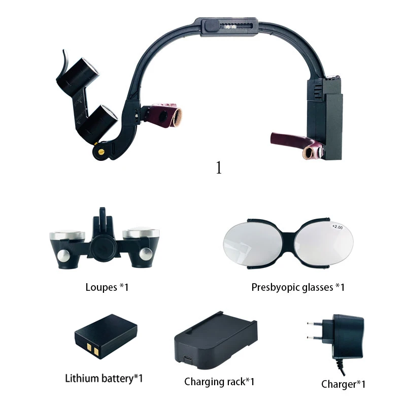 Lupa dentária MBM com farol sem fio Lupa binocular para dentista Lupa cirúrgica montada na cabeça com 2 faróis LED