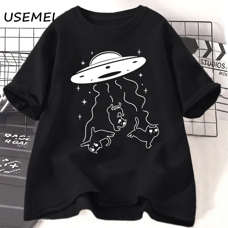 

Funny Cat T-Shirt Catduction T Shirts Cat Lovers Cute Ufo T-Shirts Women Men Trendy Cotton Short Sleeve Tees Y2k Kawaii Clothes