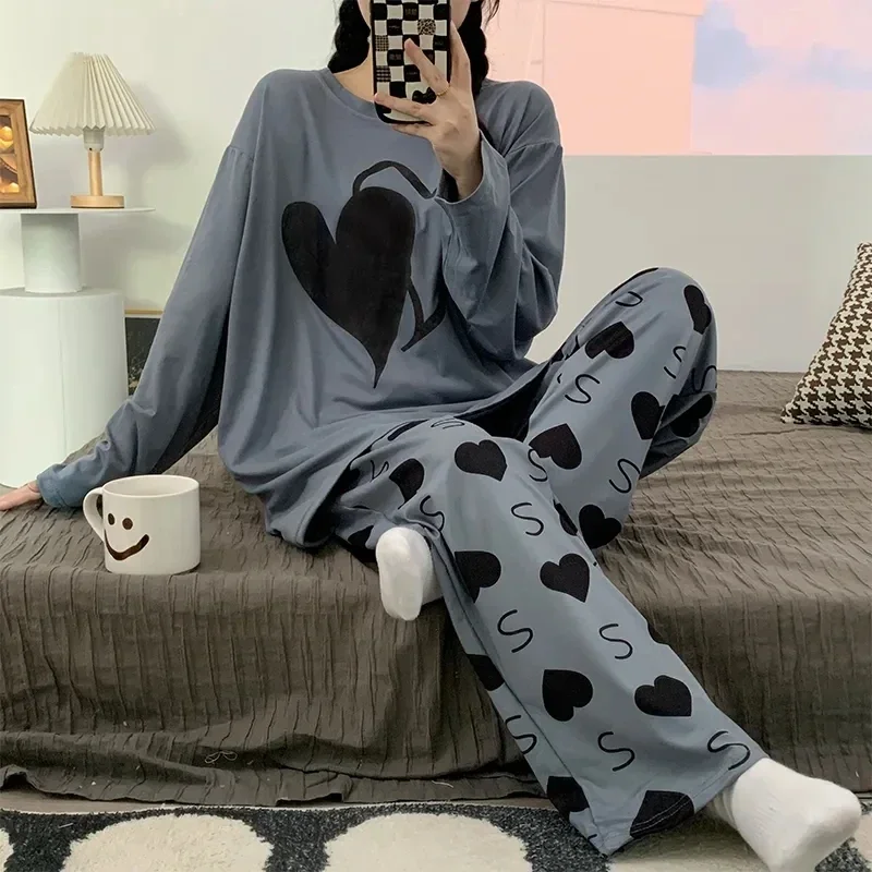 

2024 New Plus Size 5XL 150kg Spring Women Pyjamas Sleepwear Hearted Print Homewear Suit O Neck Long Sleeve Homewear