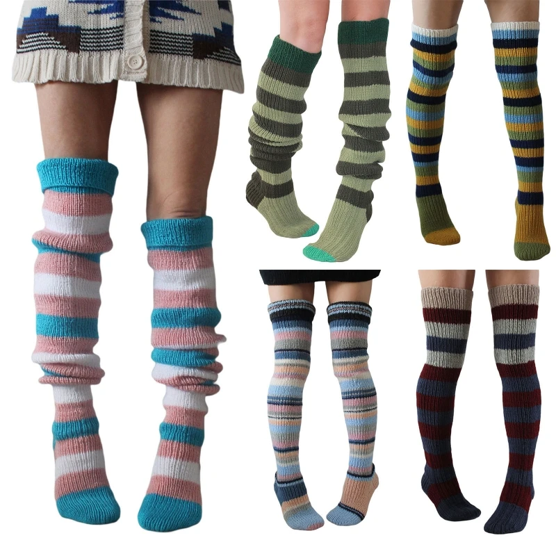 Womens Winter Slouch Leg Warmers Knitted Thigh High Socks Vintage Colorful Striped Over Knee Long Stockings Hosiery