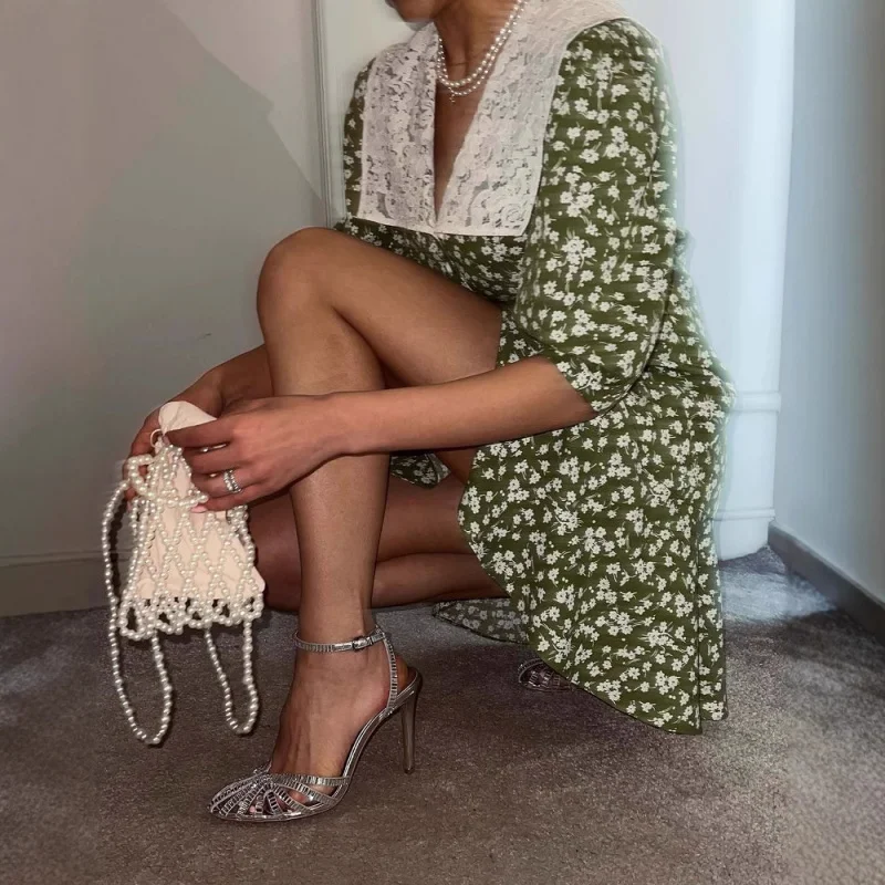 

French Style Collar Green Floral Dress Women Summer 2025 New High-end Puff Sleeve Short Dress Summer