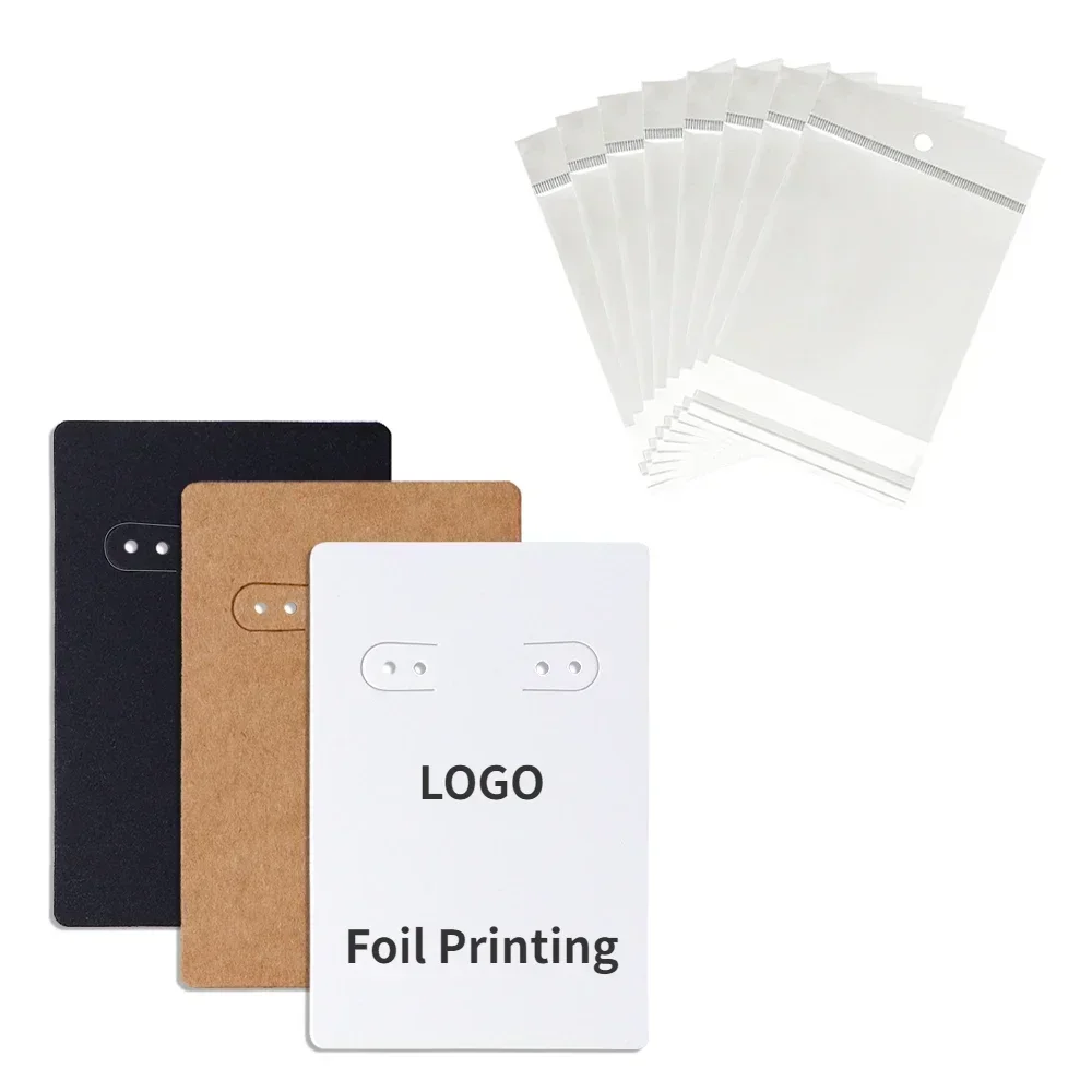 

100pcs Plastic Bag White Black Brown Custom Logo Foil Printing 4 Holes Card For Earrings Jewelry Making DIY Packaging Supplies