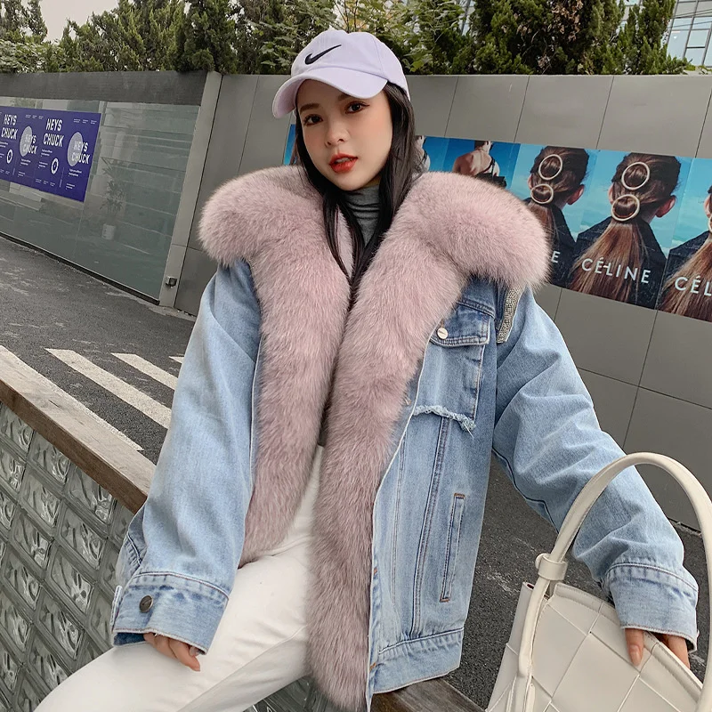 2023 Denim Jacket Women's Winter New Korean Short Casual Fox Fur Collar Down Parka Single-Breasted Real Fur Coat Removable Inner