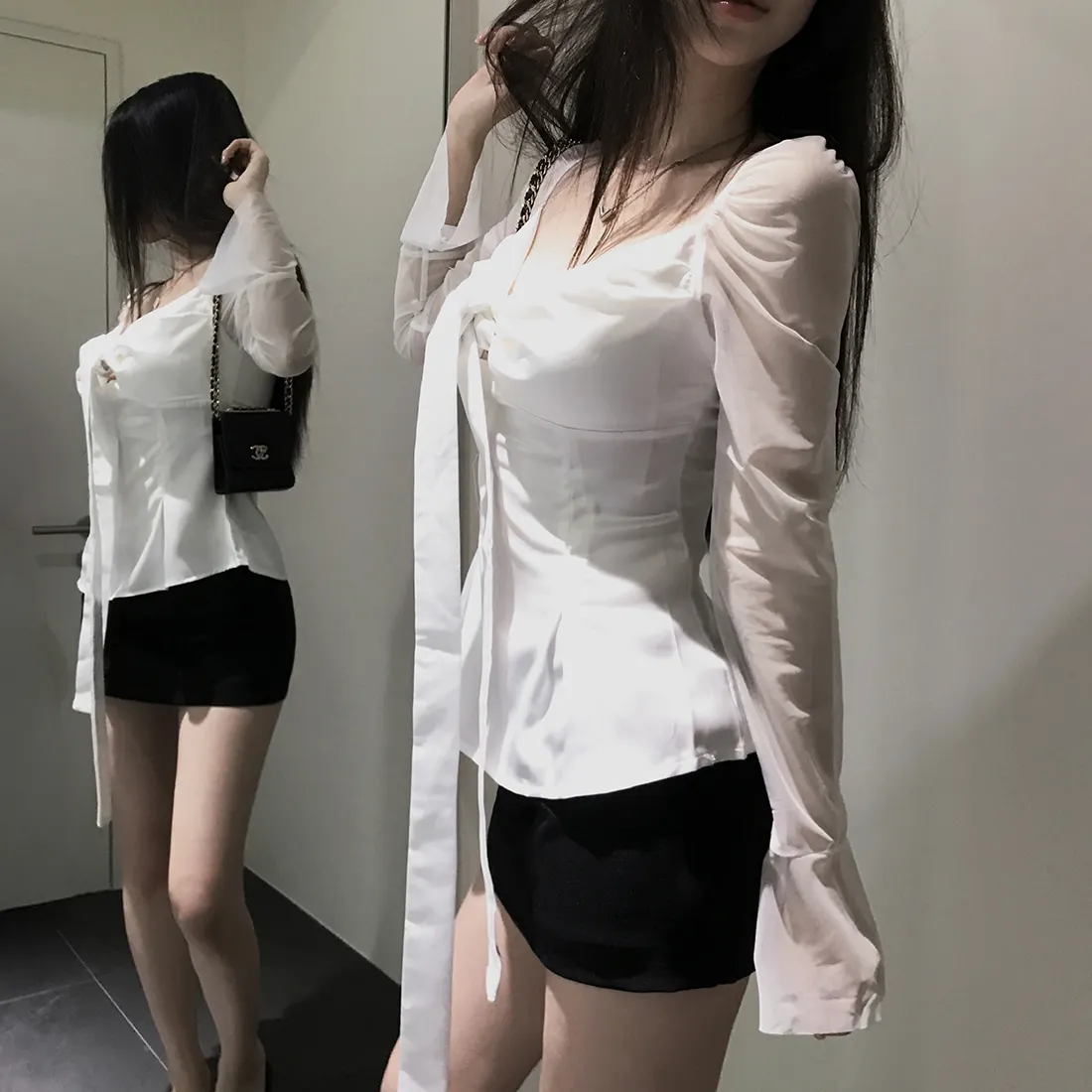

Elegant Slimming Satin Silk Long Sleeve Knot Tube Top Shirt French Style Women's Daily Wear Pure Color Business Office