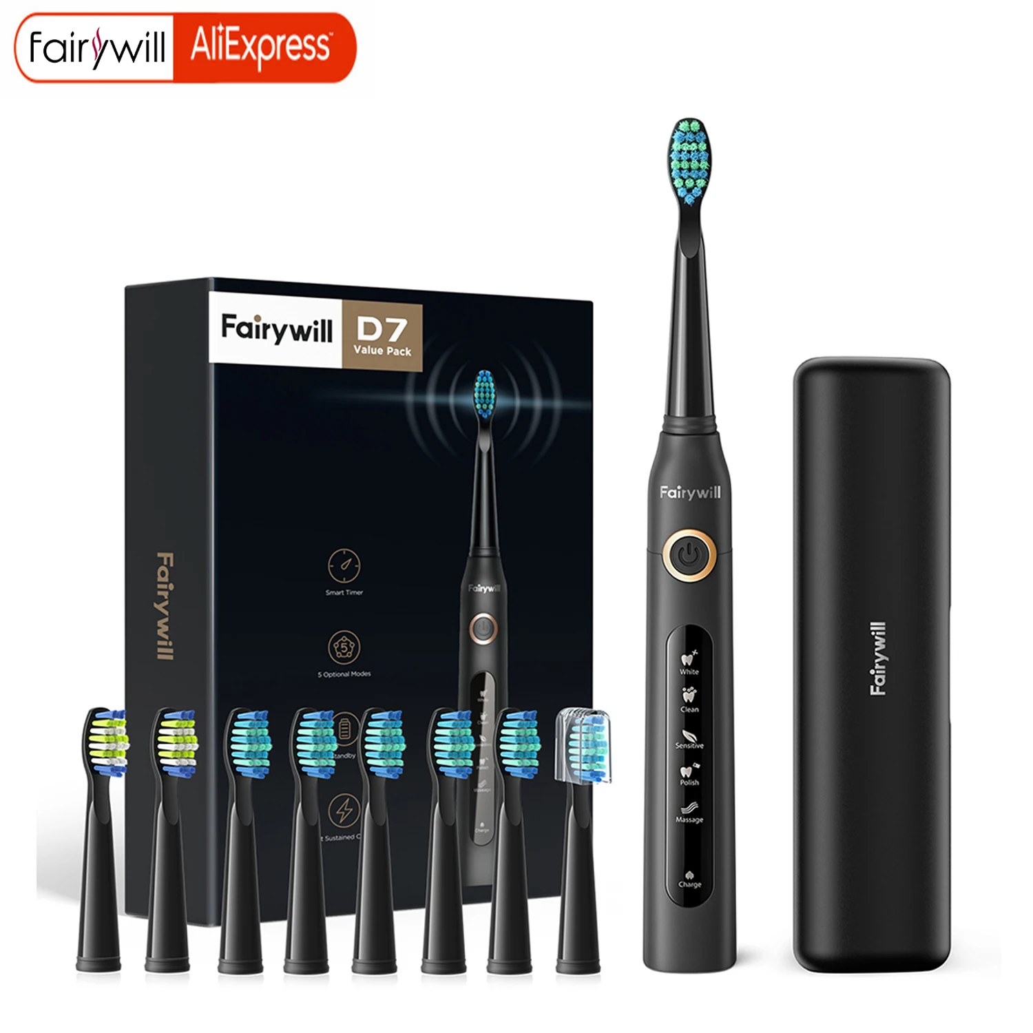 Fairywill FW-507 Sonic Electric Toothbrush 5 Modes USB Charger Tooth Brushes Replacement Timer Sonic Toothbrush 8 Brush Heads