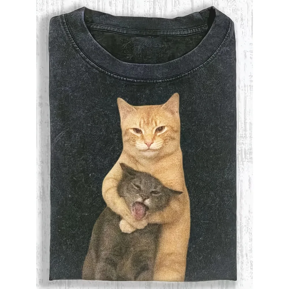 Street Hip Hop Funny Hug Cat Pattern Printed Y2K Street Style Summer New Neutral Casual Washed T-shirt