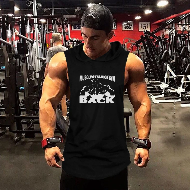 Hooded Breathable Sleeveless Gym Workouts weightlifting  Fitness Muscle Bodybuilding Tank Top Hip-hop Loose Top  Cotton T-shirts