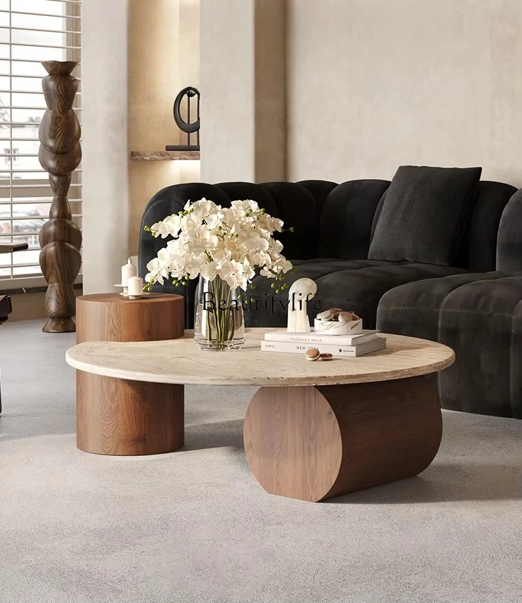 

Round Light Luxury Natural Travertine Coffee Table Household Simple Small Unit Small Round Table