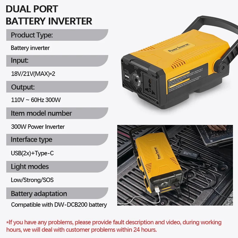 EGOD AC110V/300W Dual Port Battery Inverter Adjustable Mode Automatic Heat Dissipation Compatible with dewalt DCB200 Battery