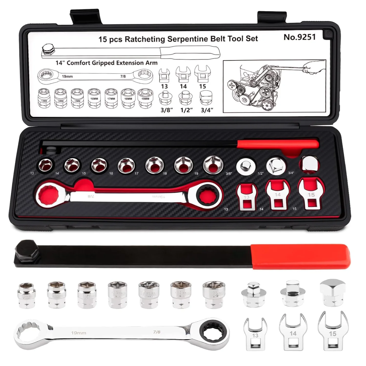 15PCS Serpentine Belt Tool Kit Premium CR-V Alloy Steel Professional Ratcheting Serpentine Belt Tensioner Tool 19mm & 7/8 Inch