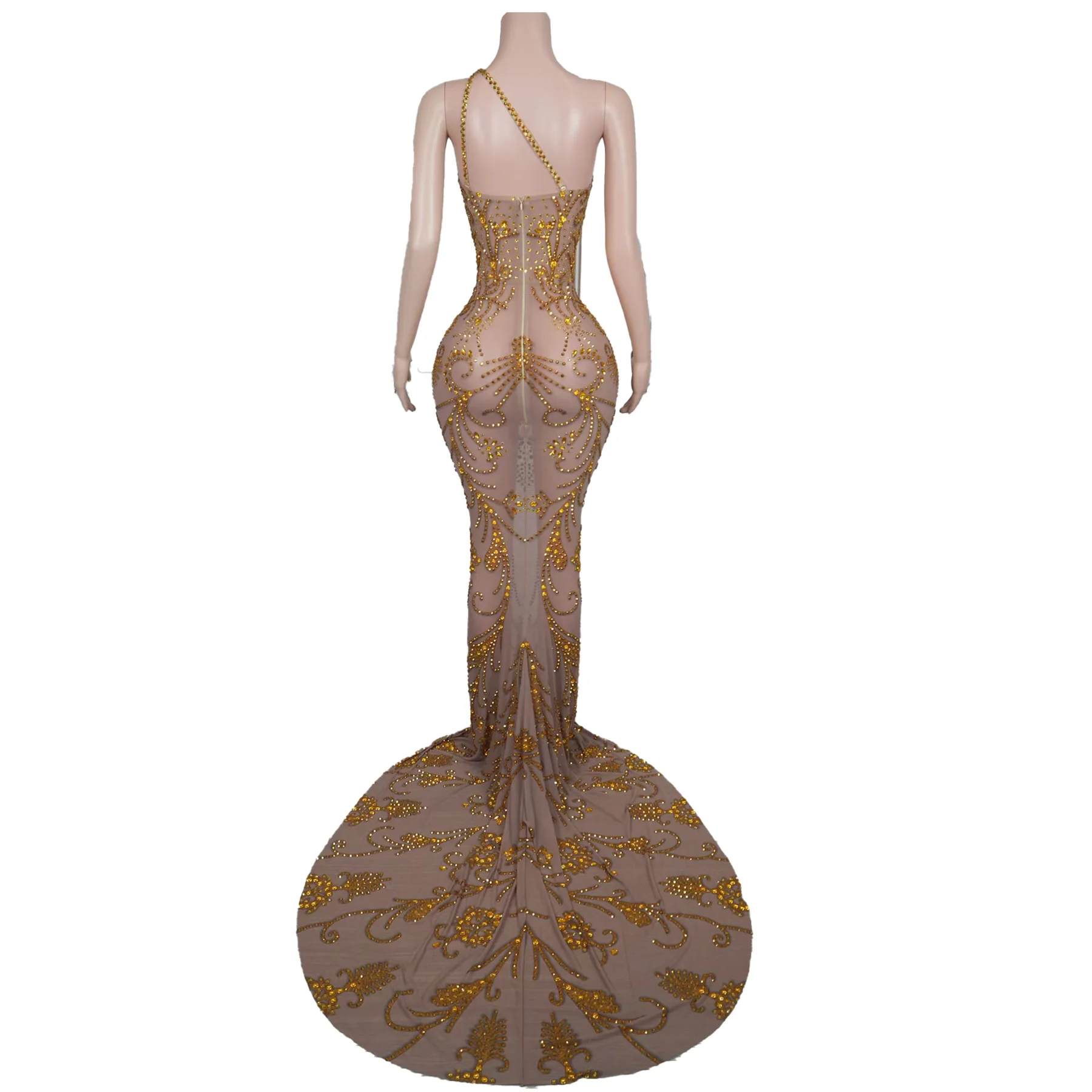 Yadan Sparkling Golden Rhinestone Women Evening Gown Sexy See Through Mesh One Shoulder Dress Celebrity Red Carpet Dinner Gown