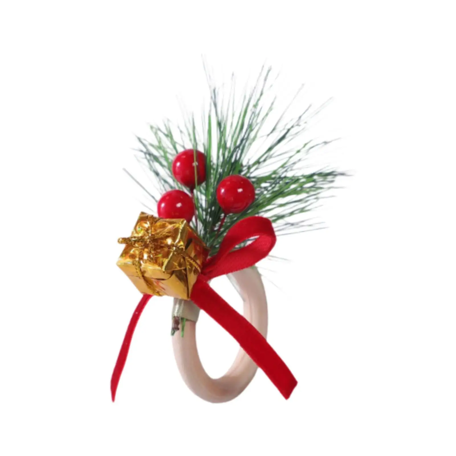 Christmas Napkin Ring Decoration with Red Berry Apple, Wooden Napkin Holder for