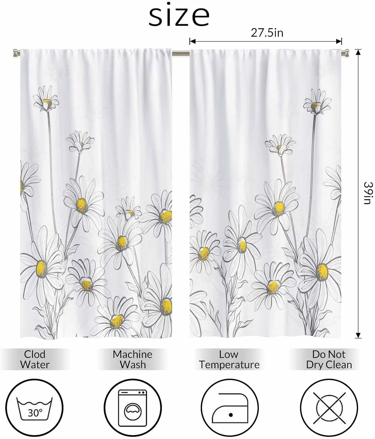 Daisy Sketch Curtains Simple Line Art Flower Print for Kitchen Window Home Decor