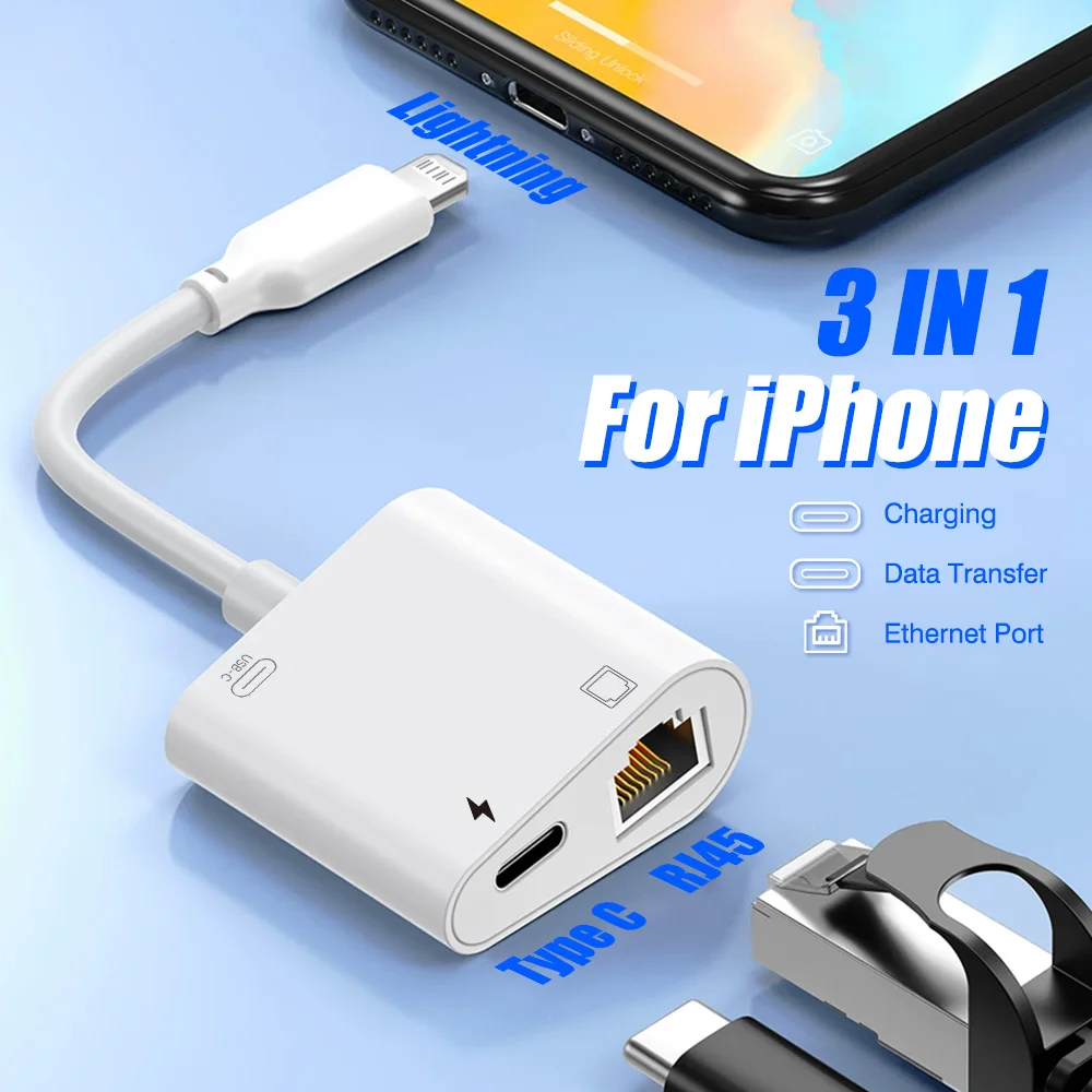 Lightning to Network Card RJ45 Lightning 3 in 1 Adapter For iPhone 14 13 12 11 Pro to Ethernet Charging Data Transfer Adapter