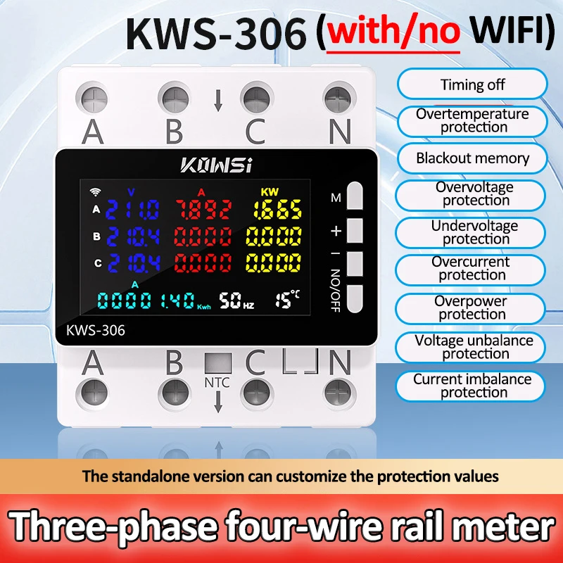 

KWS-306 Power Meter 3 Phase 4 Wire Multi-function Energy Meter AC 85-290V Voltage Current Meter Electricity Meter with/no WIFI