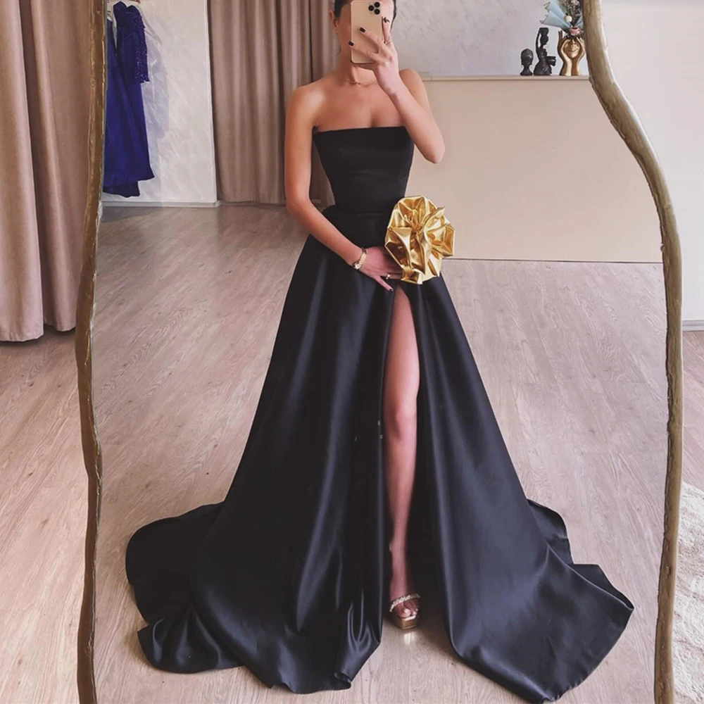 

Strapless Side Slit Backless A-Line Satin Sleeveless Sweep Train Zipper Back Elegant Evening Dresses Woman For Formal Occasions