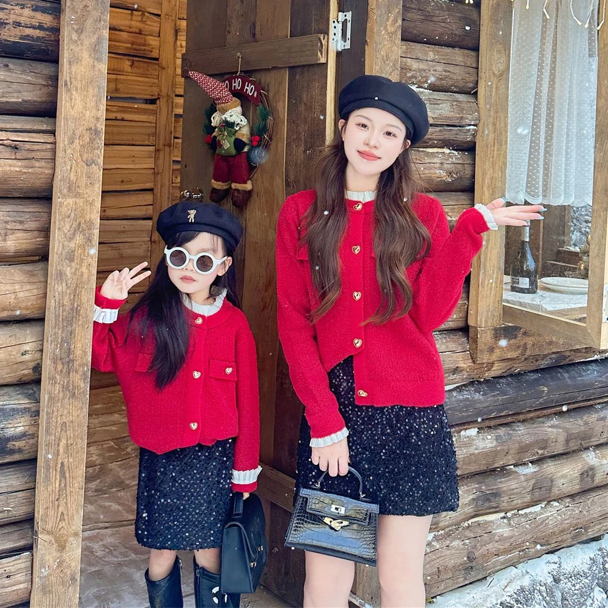 Christmas Mother Daughter Red Knitted Coat New Year Mom and Baby Girls Cardigan Mommy and Me Sweater Jacket Skirts Two Peice Set