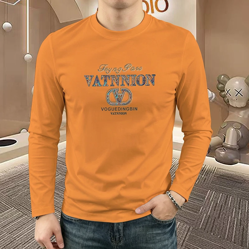 Men Crew Neck Long Sleeve T-Shirt Letter V Print Soft High Quality Fabric Versatile Comfortable Basic Undershirt Male Daily Top