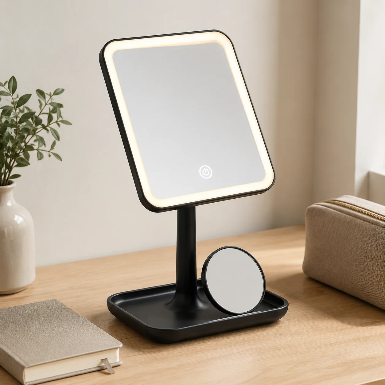 LED Lighted Vanity Makeup Mirror with 5X Magnification Storage Tray Touch Control Cosmetic Mirror Rich Black for Dressing Table Bedroom