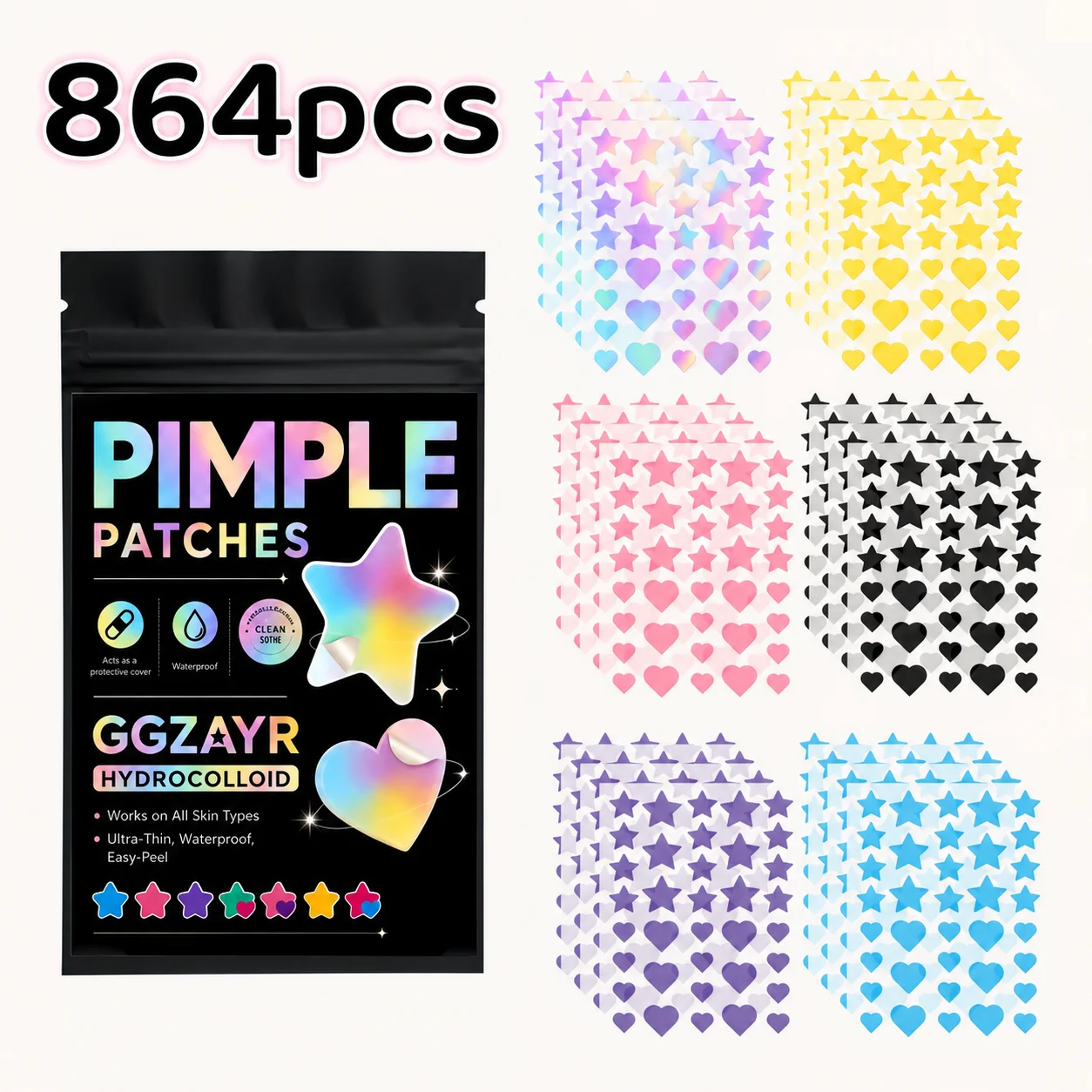 864PCS Multi Color Star Heart Pimple Patches Hydrocolloid Face Stickers Thin Waterproof Covers for Travel Date Party Daily Wear