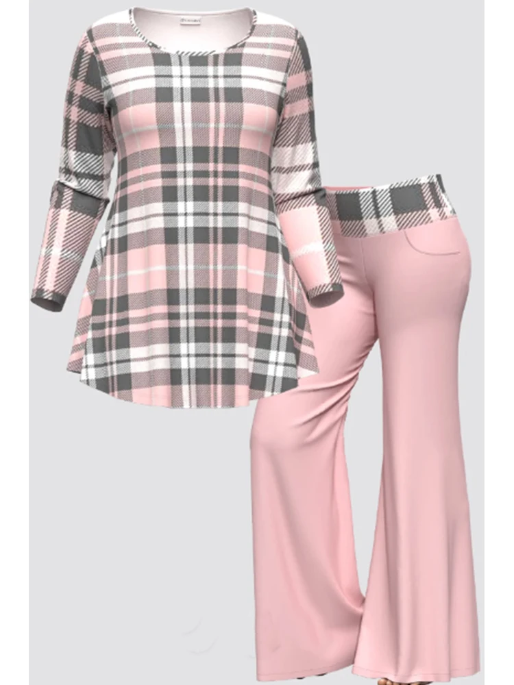 Conjunto de correspondência xadrez casual para mulheres, plus size, manga longa, gola redonda, calças largas, roupas de primavera, conjunto de 2