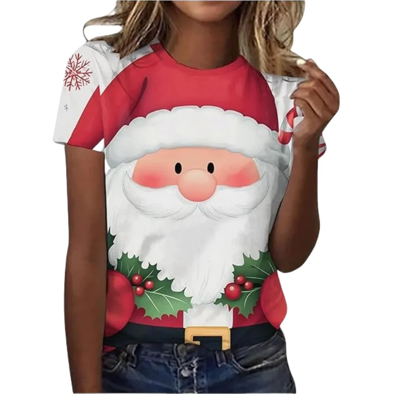 

Cartoon Santa Clause Graphic Women's Short Sleeve T-Shirts Fashion Creative Design Christmas Round Neck Tees Festival Party Tops