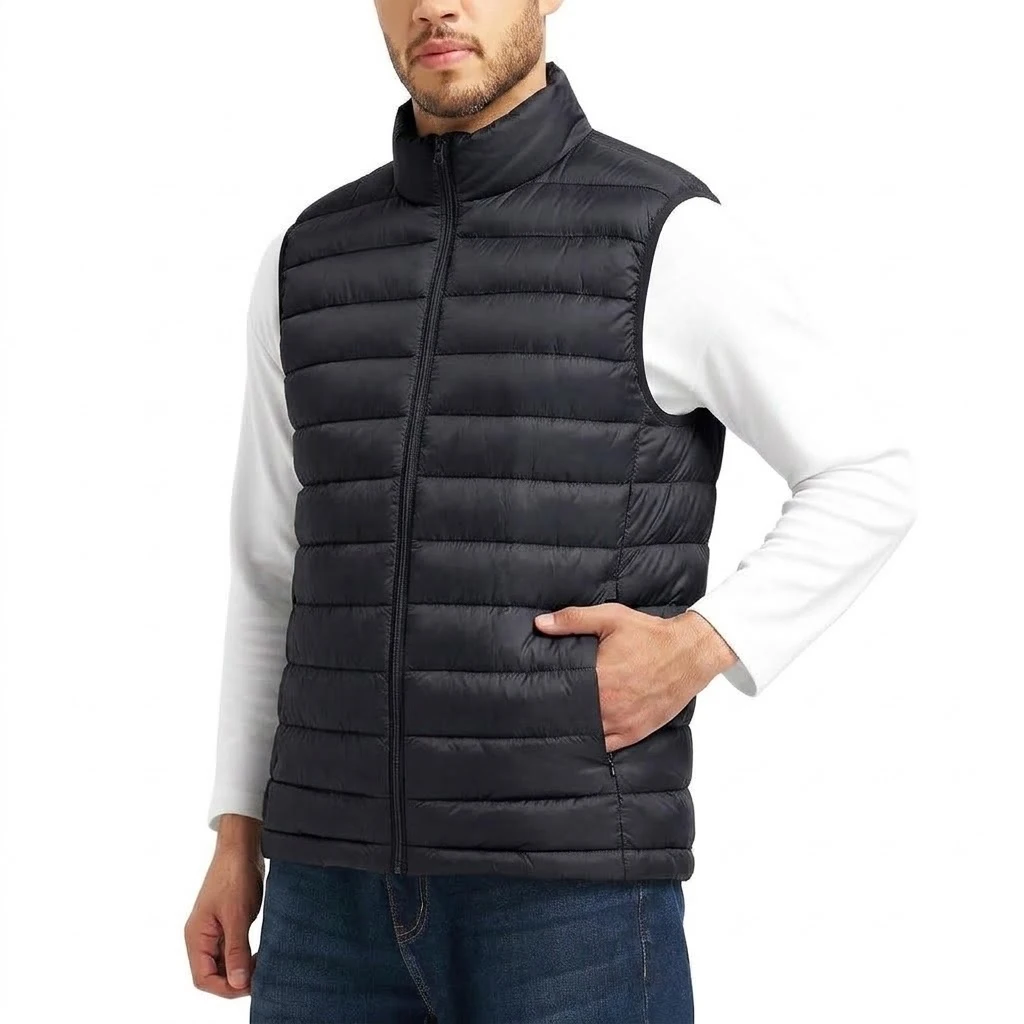 Men's Windproof Vest Lightweight Sleeveless Winter Zipper Jacket Stand Collar Warm Outerwear for Hiking Travel Work Coats Men