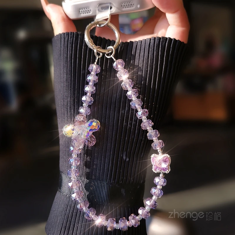 Iridescent Faceted Bead Flower Butterfly Phone Wrist Lanyard, Shiny Bead Anti-lost Wrist Strap