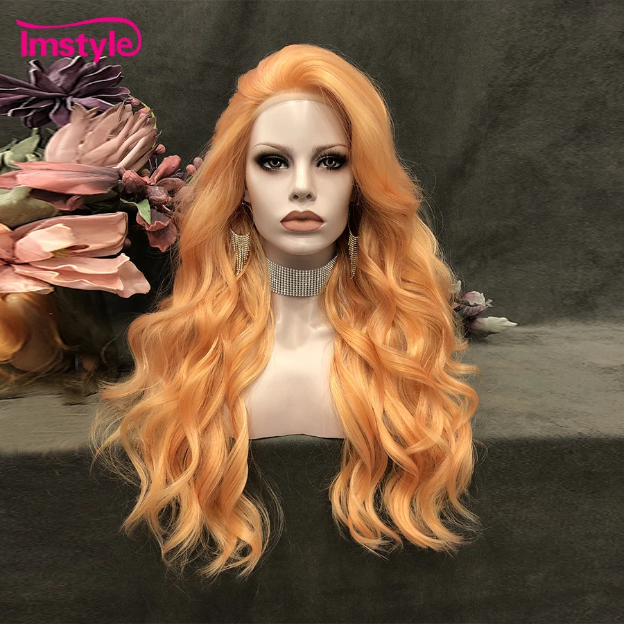 Imstyle Orange Wig Synthetic Lace Front Wig Natural Wavy Wigs For Women Heat Resistant Fiber Long Wig Cosplay Wigs