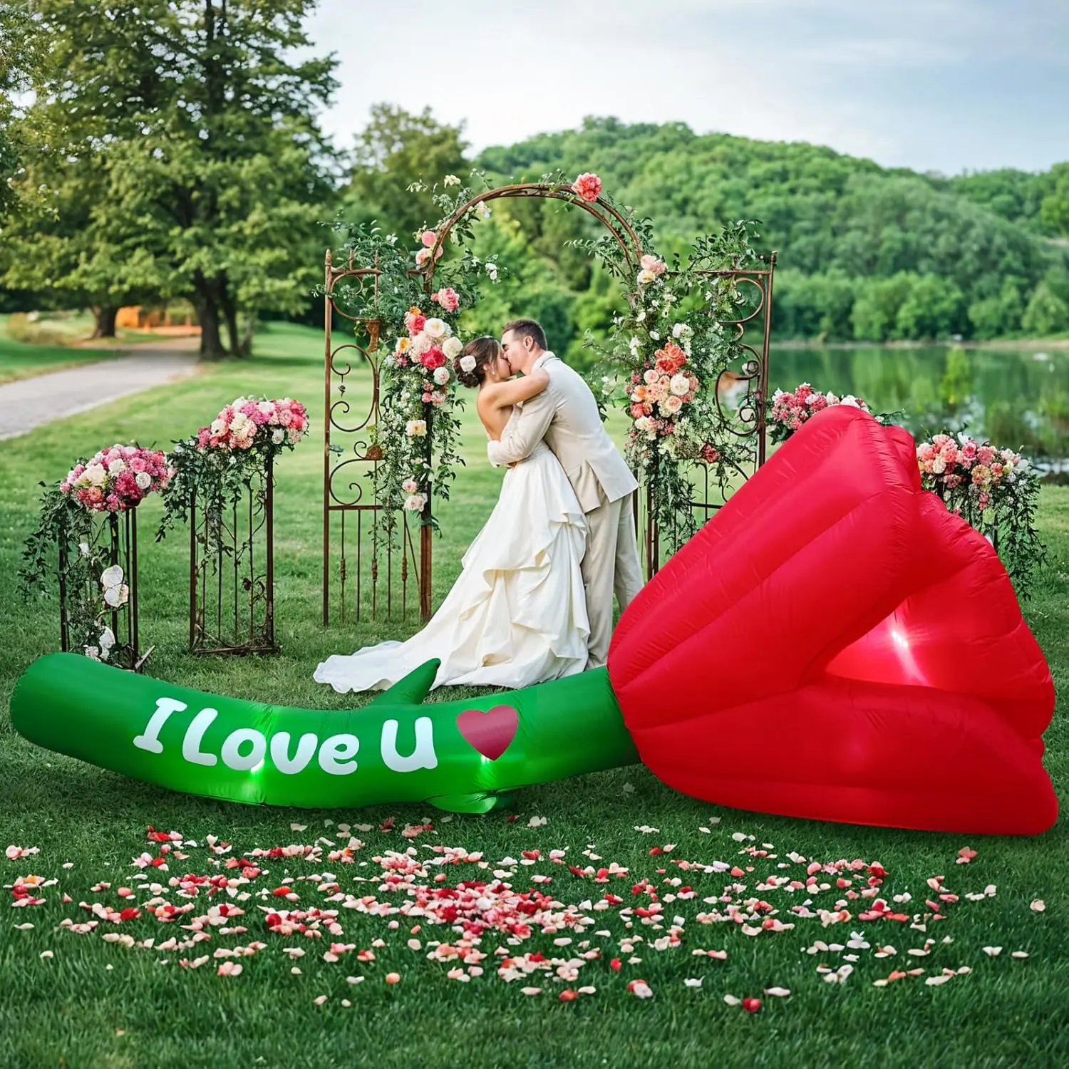 12FT Valentines Day Inflatables Outdoor Decorations Giant Inflatable Rose with I Love You Sign Blow Up Wedding Party Decor Gifts