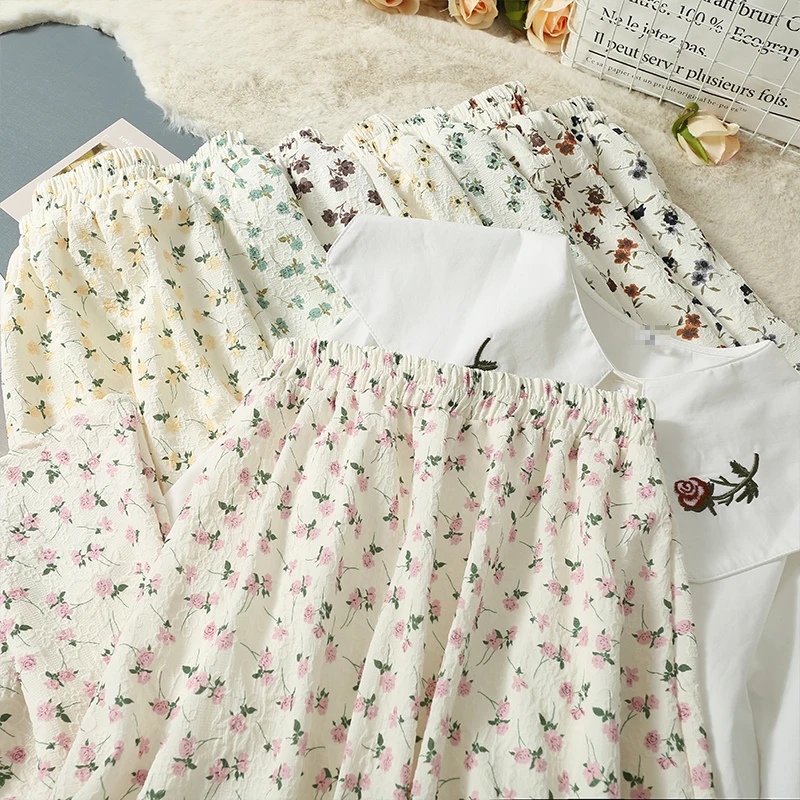 

Vintage Floral Print Chiffon Skirt Women Spring Summer Elastic High Waist Casual Midi Skirt korean Fashion A line Skirts