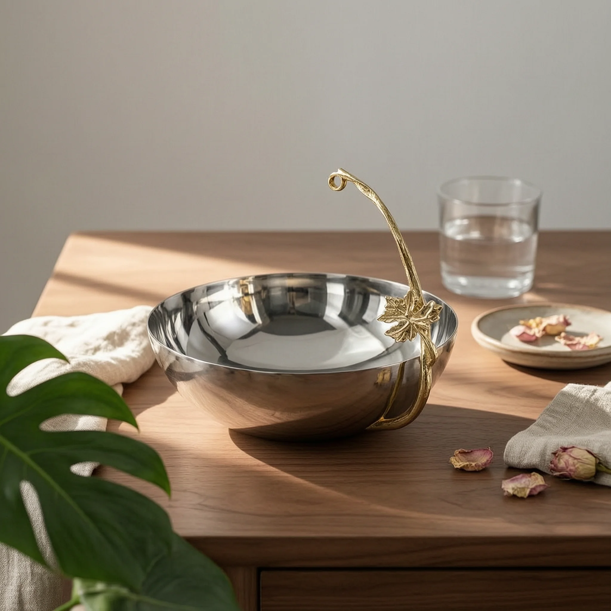 Bowl with Metal Frame Gold-Tone Decorative Tray with Handle Modern Elegant for Living Room, Coffee Table