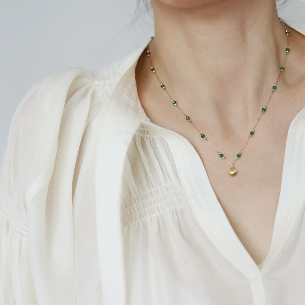 Green Crystal Shell Pendant Pendant Necklace 316L Stainless Steel Plated 18K Gold Chain Necklace 18 K Plated Jewelry Gift