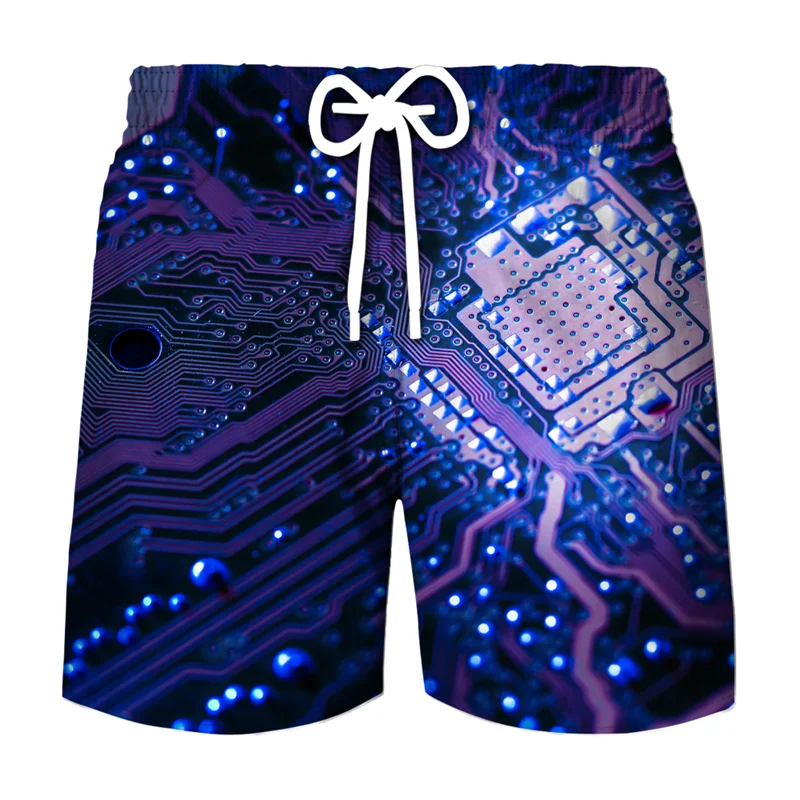 Short graphique de circuit imprimé pour homme, short de plage hawaïen, impression 3D, puce électronique, maillot de bain cool, maillot de bain de gym et de surf, pantalon d'été