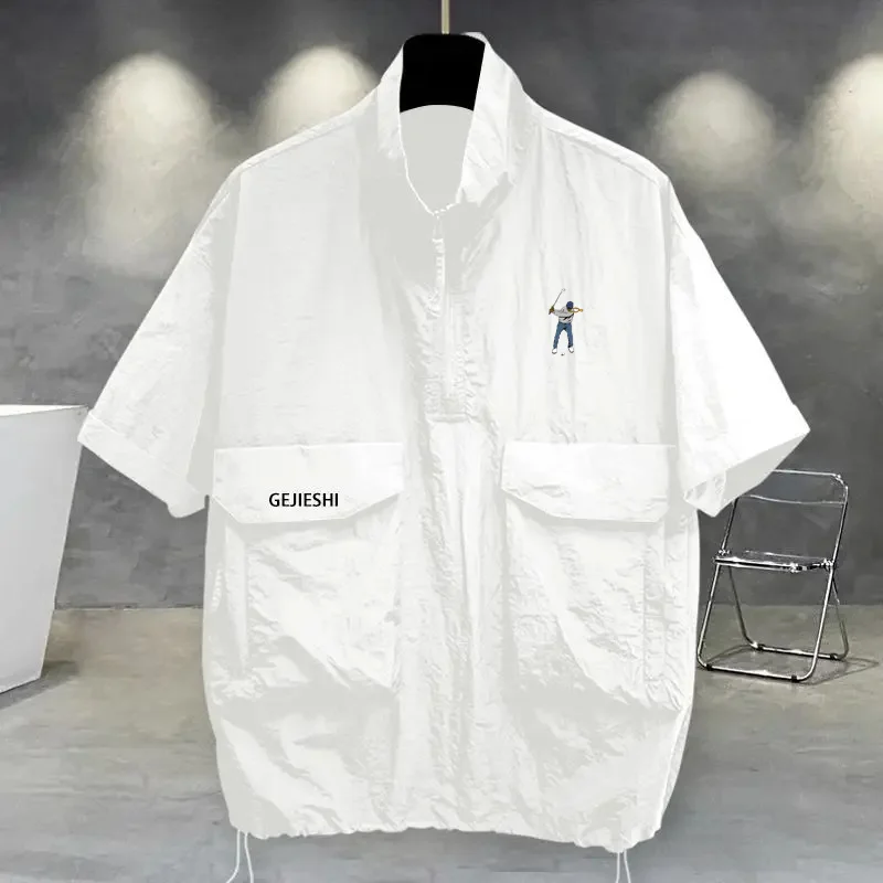 

Summer Men's Golf Suit Short Sleeve T-shirt Multi Functional Stand Up Collar T-shirt Top Temperament Men Golf Clothing