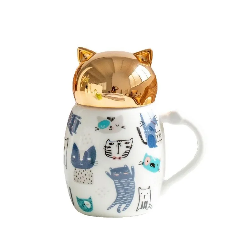 Gold Plated Cat Ear Lid Coffee Cup Large Capacity Ceramic Water Bottle with Cartoon Pattern with Cover Handle Breakfast Milk Cup