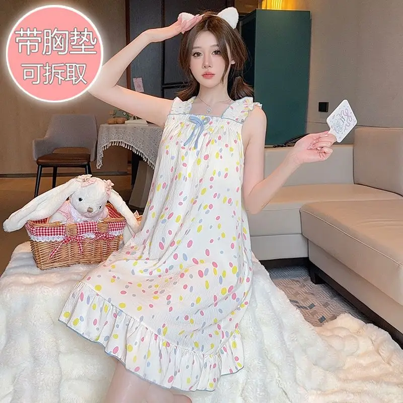 M-5XL Baju Tidur Wanita Ukuran Besar dengan Bantalan Dada Piyama Longgar Anak Perempuan Gemuk Musim Panas Wanita Gaun Panjang Sedang Tanpa Lengan Baju Rumah