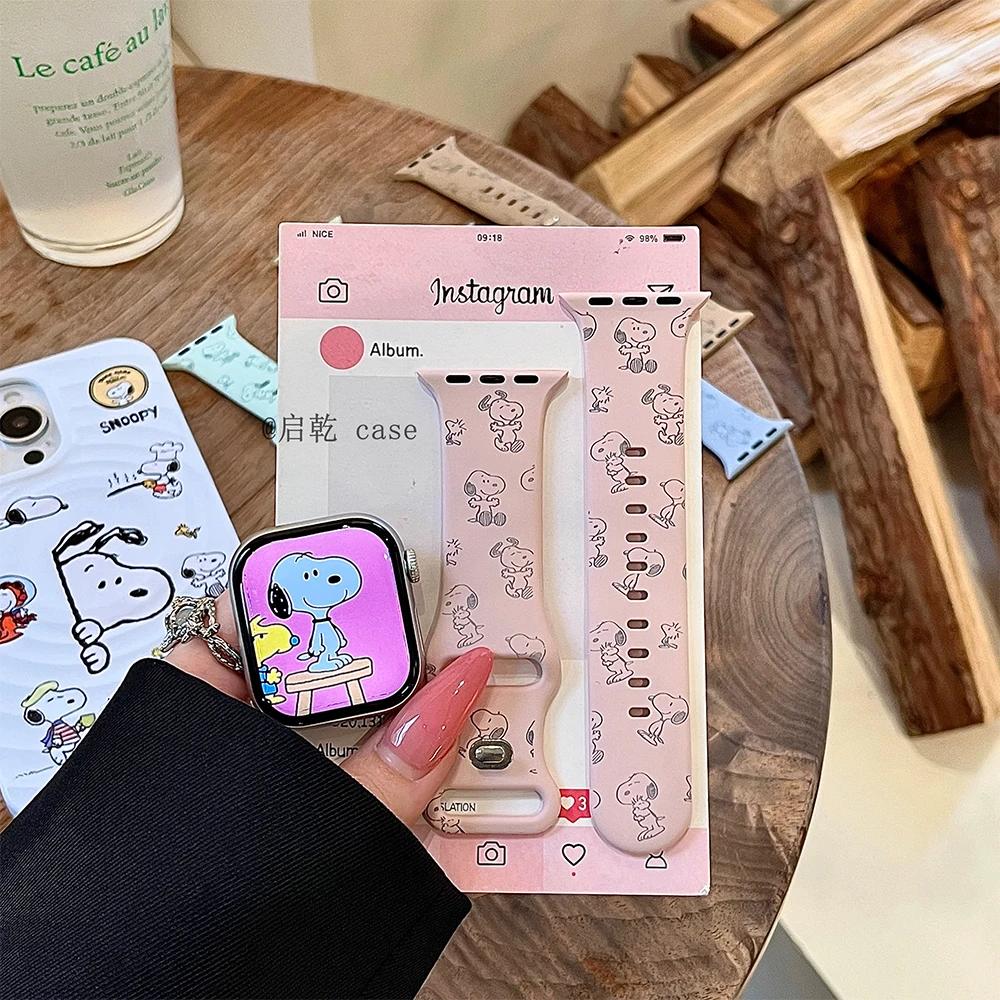 Snoopy Cartoon Print Silicone Watch Band for Apple Watch 11 10 9 Se 8 7 6 5 4 Soft Strap Cute Iwatch Bracelet Women Kawaii Gift