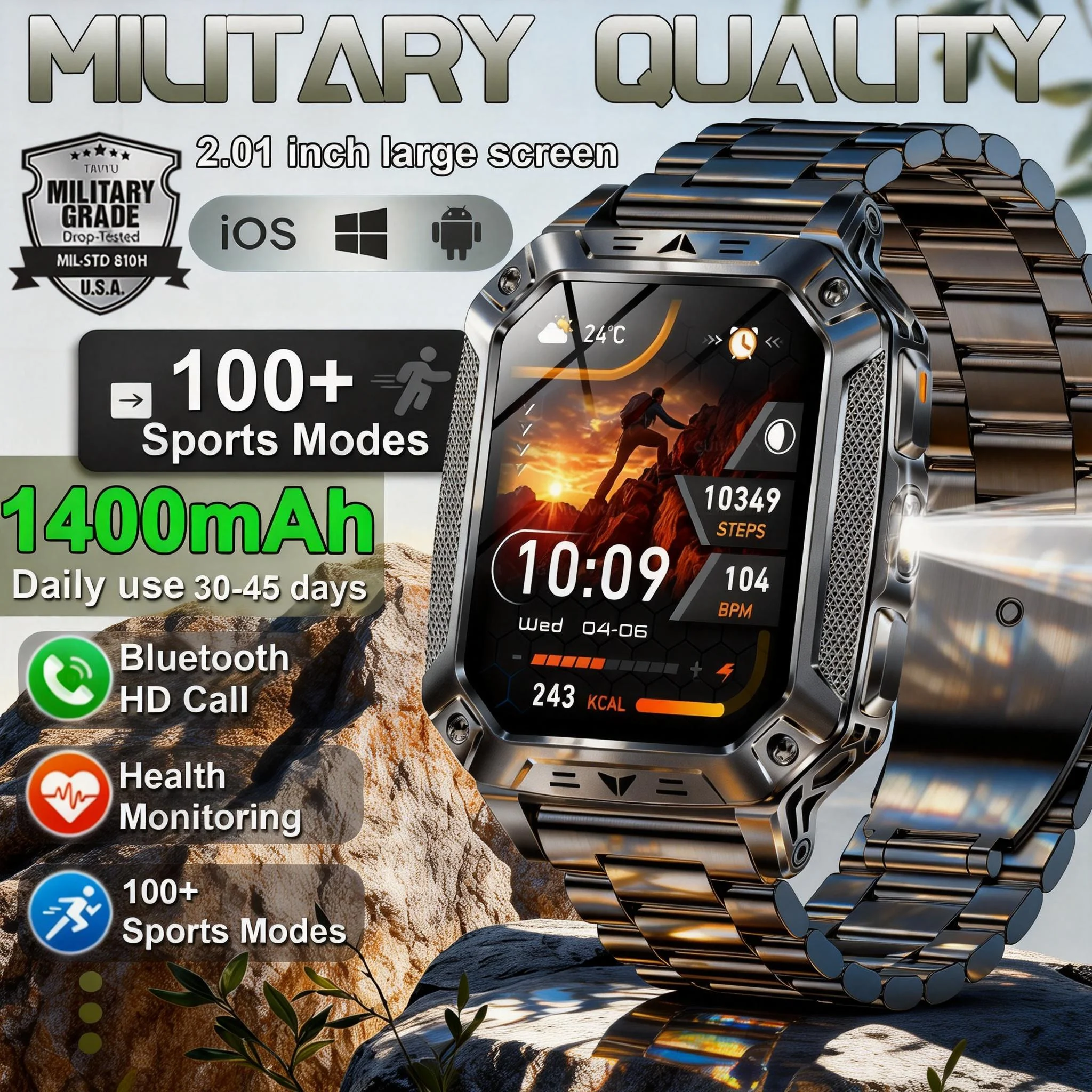 New Military outdoor 1400mAh Battery SmartWatch Men BT Call 2.01